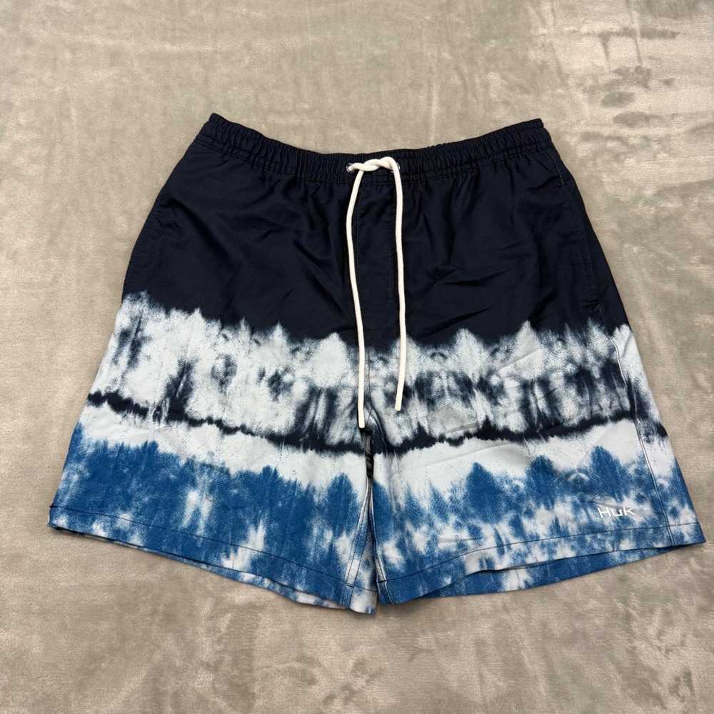Huk Mens Pursuit Salt Dye Swim Shorts Navy Blue Tie Dye Fishing Trunks Small NEW